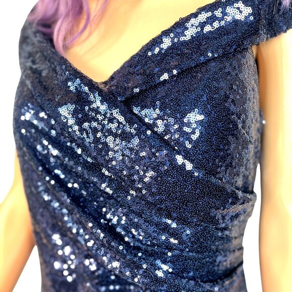 Vintage Marina Navy Blue Sequined Gown Size 12 Off The Shoulder Formal - Picture 5 of 14